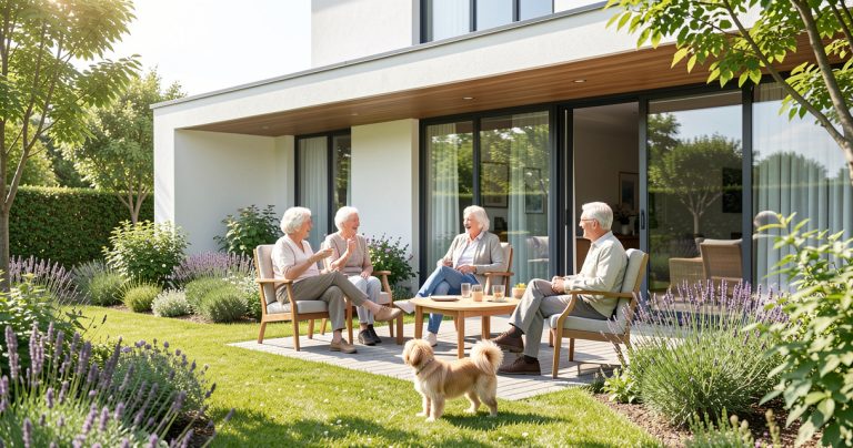 Une résidence senior moderne avec un jardin et des résidents épanouis accompagnés d'un animal de compagnie.