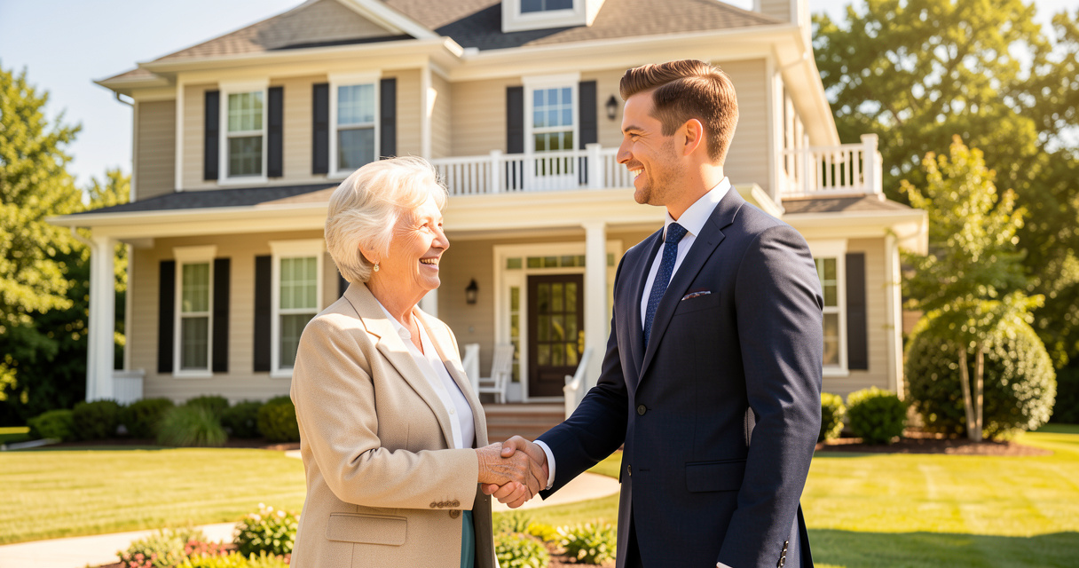 Un couple de seniors scellant une transaction immobilière en viager devant leur maison.