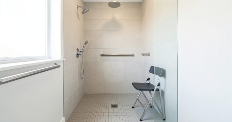 Une salle de bain moderne et sécurisée pour seniors avec douche à l'italienne et barres d'appui.
