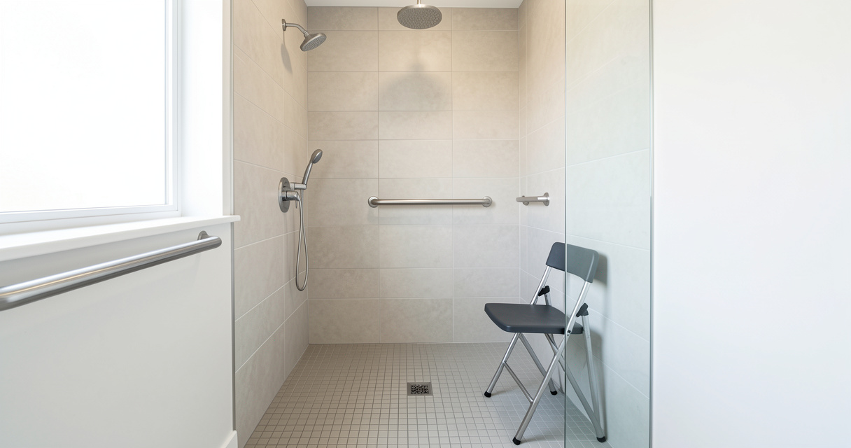 Une salle de bain moderne et sécurisée pour seniors avec douche à l'italienne et barres d'appui.