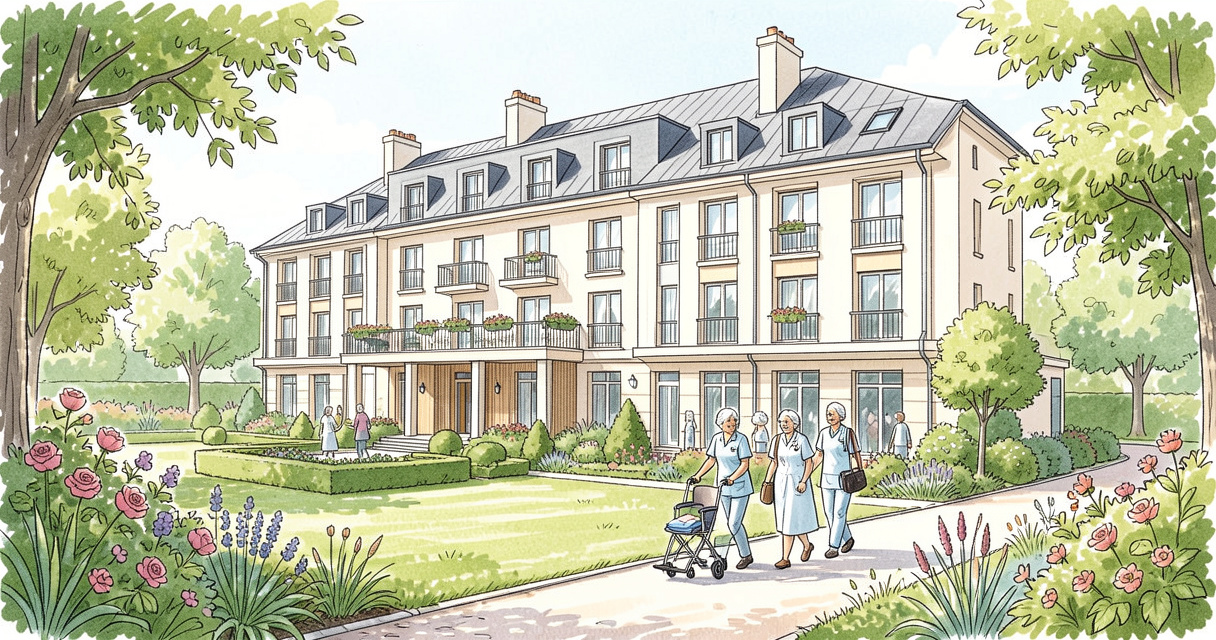 Façade d'une maison de repos moderne avec jardin et résidents en promenade