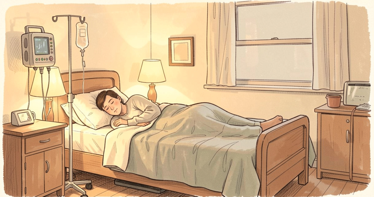 Chambre de convalescence confortable dans une maison de repos avec lit et éclairage doux
