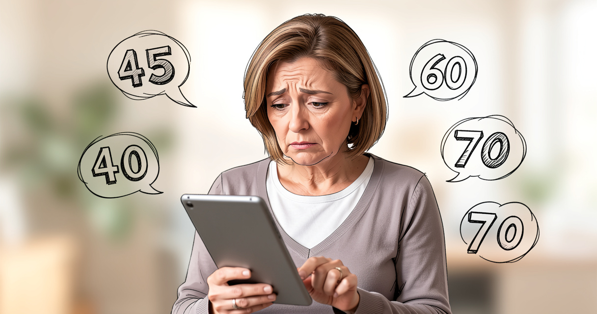 Femme d'âge mûr cherchant la définition de senior sur sa tablette avec des symboles d'âge