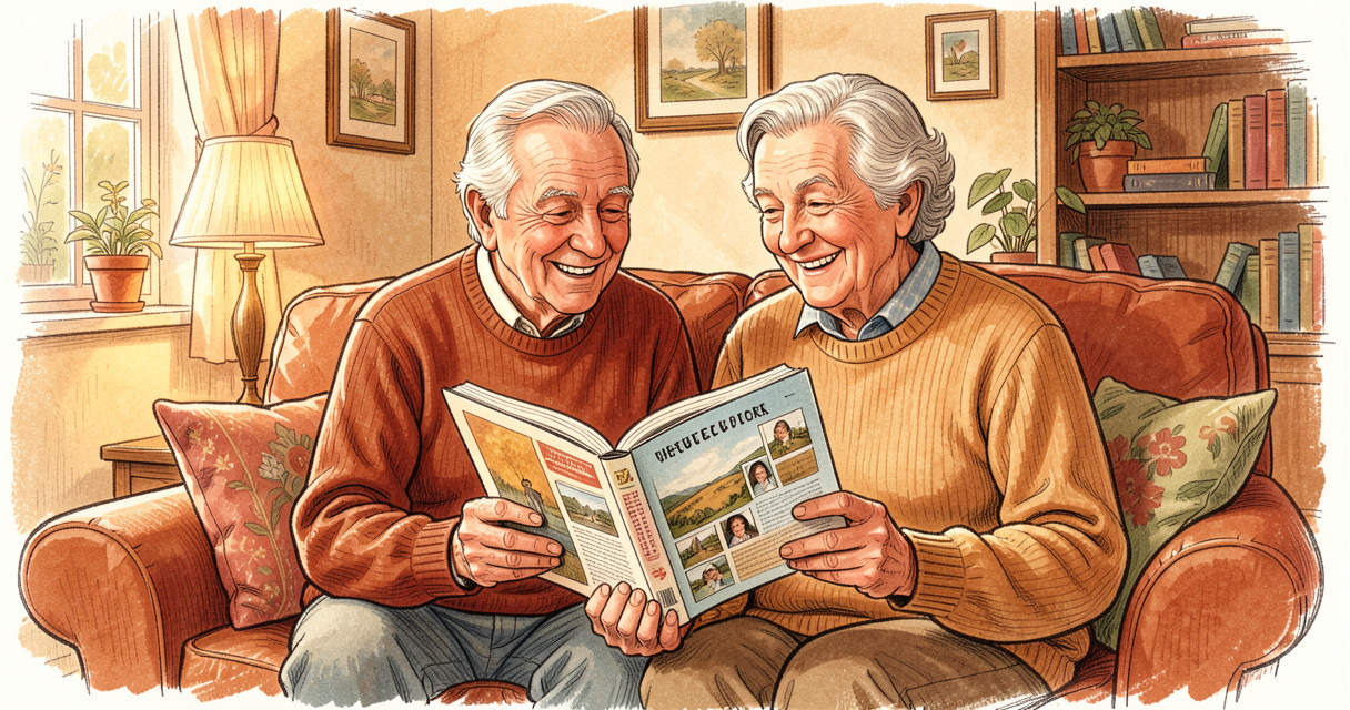 Couple senior souriant avec un guide de référence sur les années senior dans leur salon