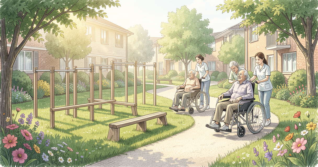 Parcours de santé seniors extérieur avec barres parallèles en bois dans un jardin d'EHPAD
