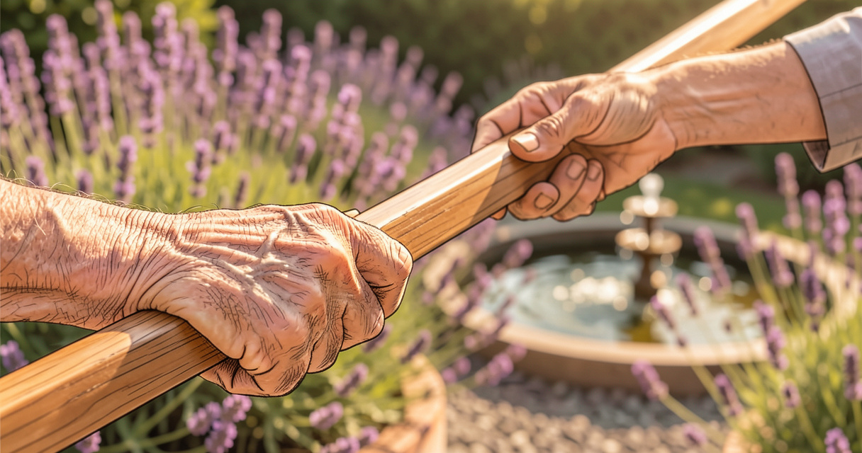Senior utilisant un module d'équilibre en bois, jardin sensoriel en arrière-plan