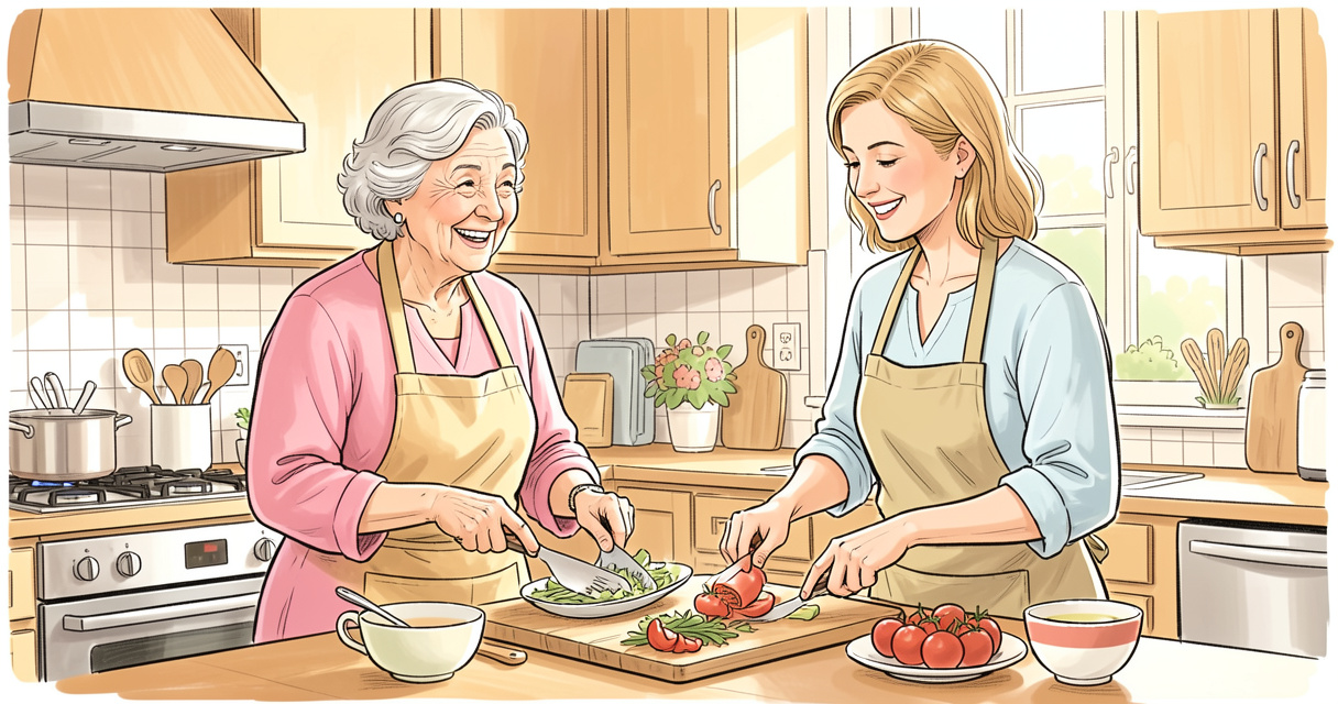 Aide à domicile personne âgée : auxiliaire de vie et senior préparent un repas en cuisine
