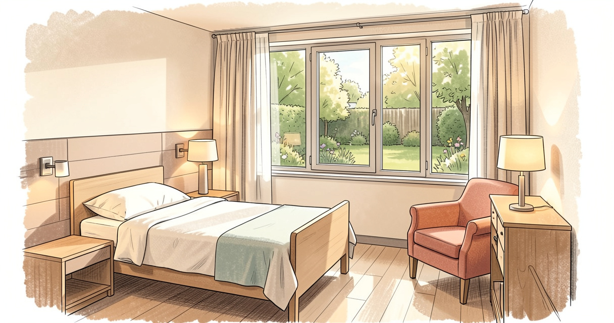Chambre individuelle moderne dans un EHPAD du 91 avec vue sur jardin