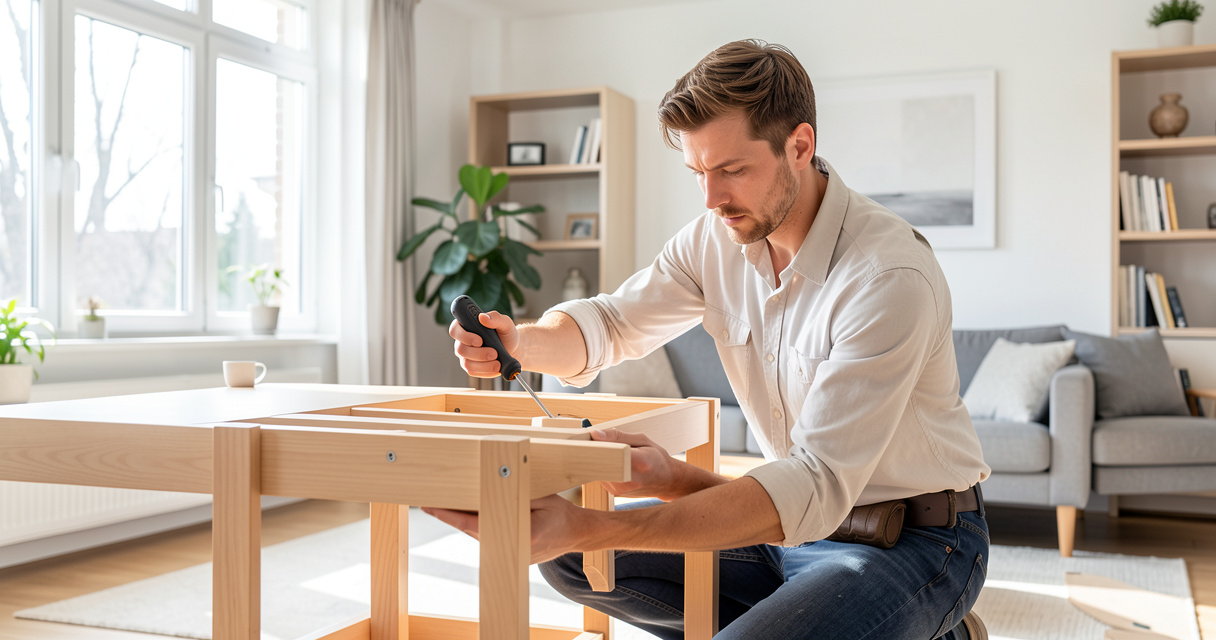 Particulier montant un meuble IKEA avec une visseuse dans son salon lumineux