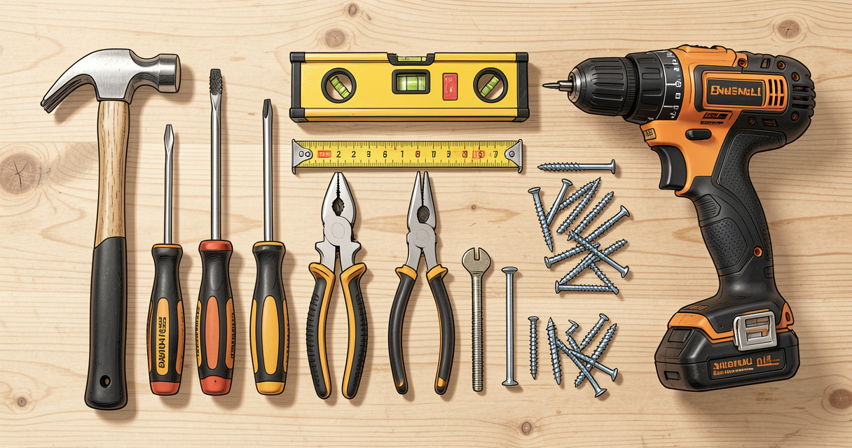Outils de bricolage de base disposés sur un établi en bois : marteau, tournevis, mètre, niveau, perceuse