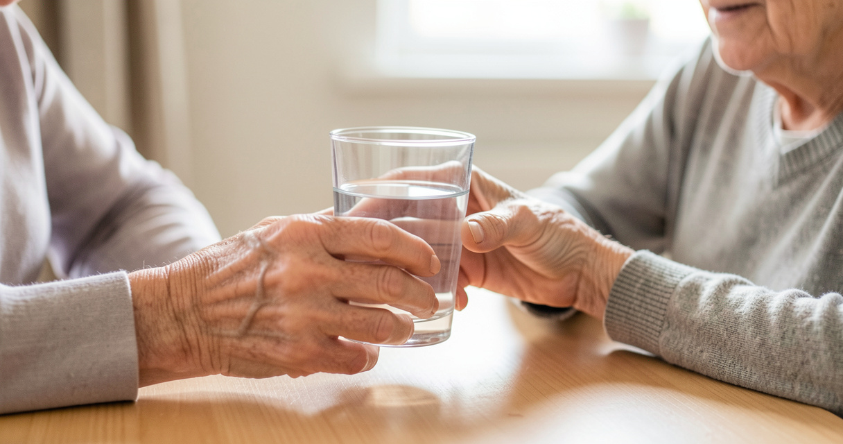 Auxiliaire de vie à domicile donnant un verre d'eau à une personne âgée à table