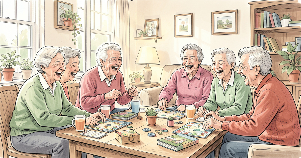 Groupe de seniors souriants jouant à des jeux de société dans un club troisième âge