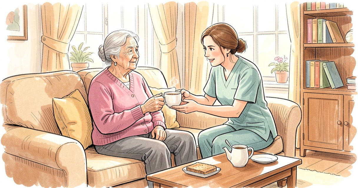 Personne âgée aidée par une aide à domicile dans son salon, illustration de l'APA à domicile