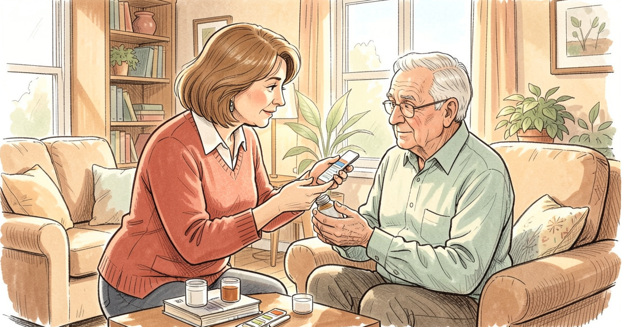 Aidante familiale aidant son père âgé à prendre ses médicaments à la maison