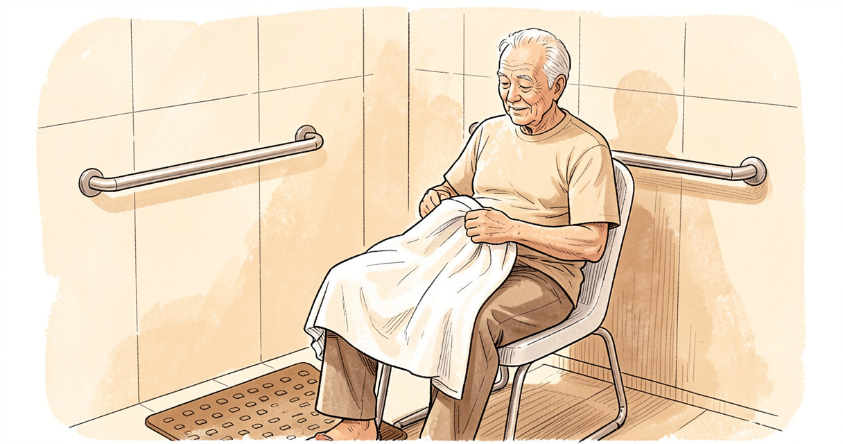 Préparation de la douche avec un siège adapté pour l'aide à la toilette des seniors
