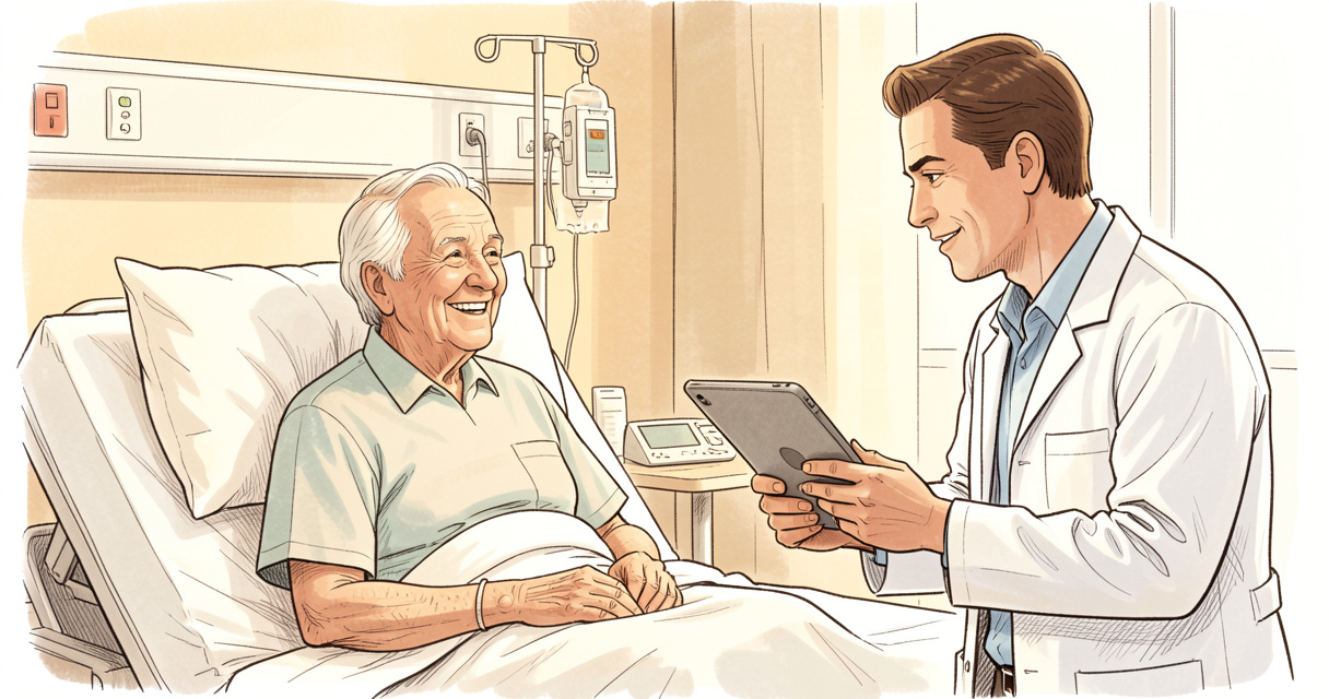 Patient âgée souriante avec son médecin gériatre discutant de son bilan de santé dans un service de gériatrie