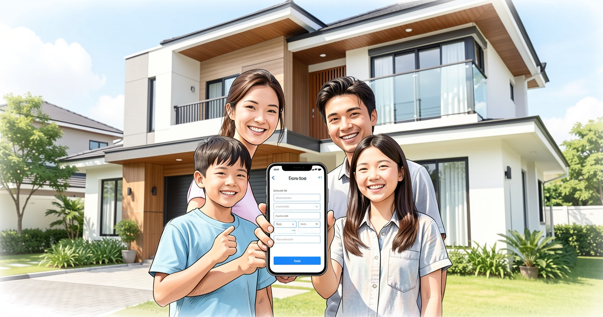Famille propriétaire devant sa maison avec simulation APL sur téléphone