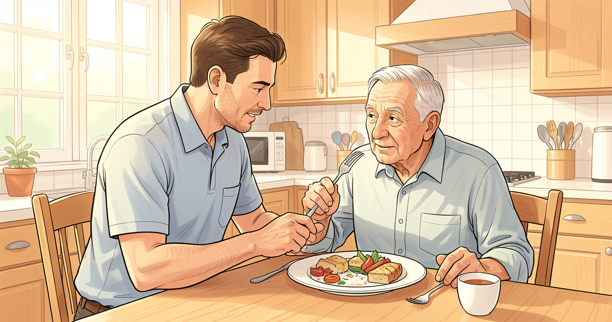 Aide à domicile masculine servant un repas à un senior avec bienveillance dans une cuisine