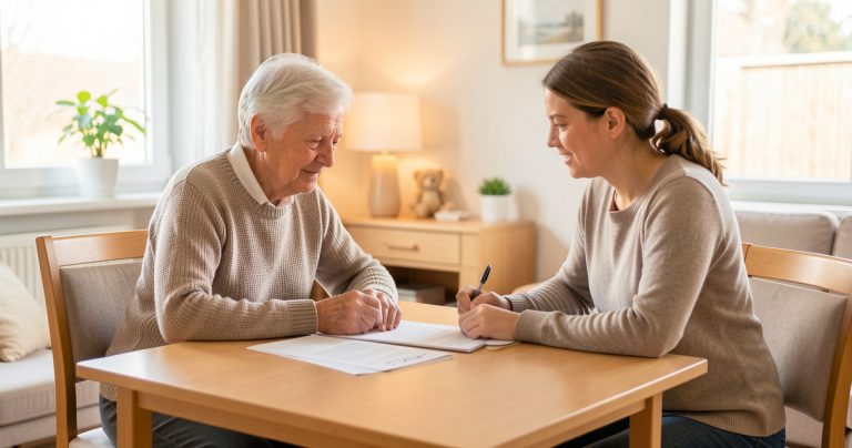 Une personne âgée et un proche préparent un dossier d’admission en EHPAD.