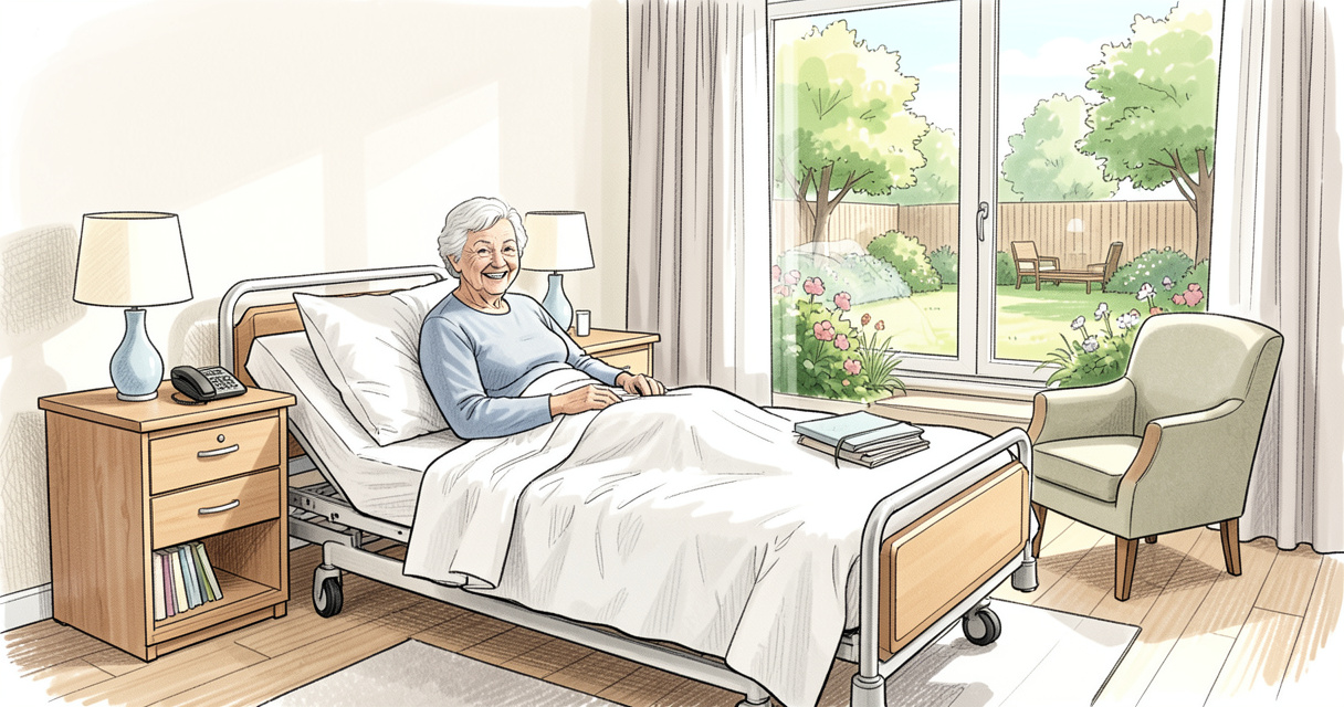 Chambre claire d'un EHPAD privé avec lit médicalisé et vue sur jardin