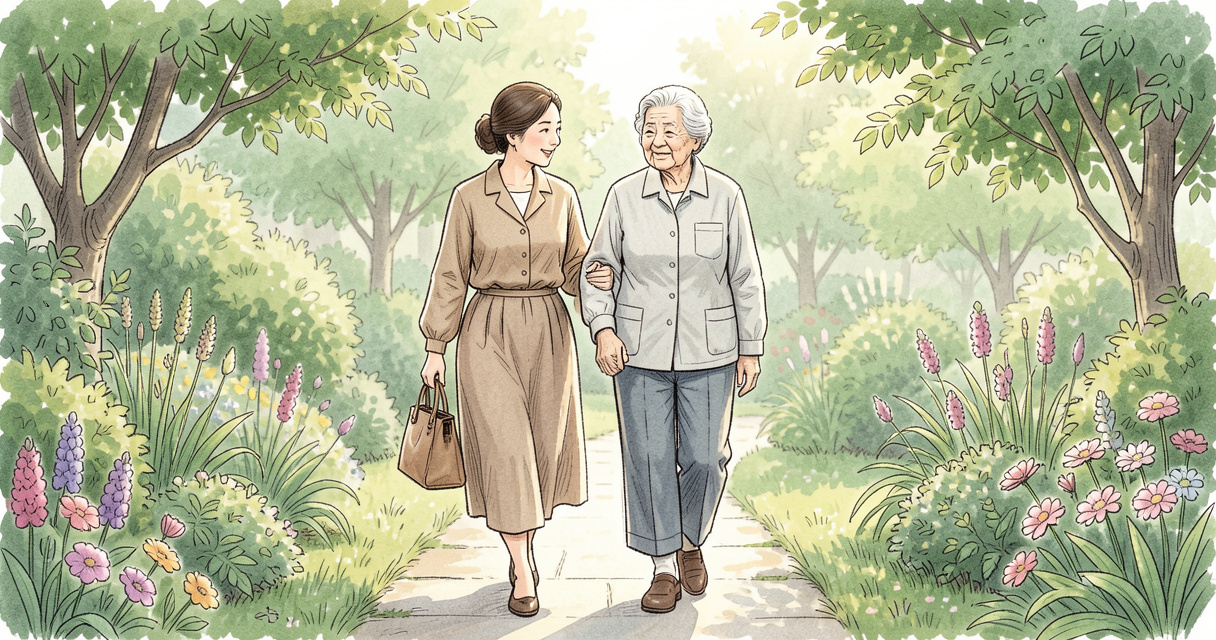 Dame de compagnie accompagnant une personne âgée lors d'une promenade dans un jardin