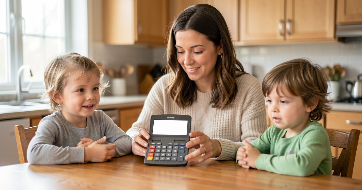 Parent isolé avec un enfant calculant le RSA majoré sur une calculatrice