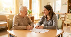 Une personne âgée et un proche consultent un dossier avant une admission en EHPAD.