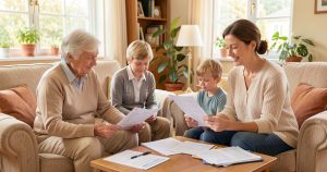 Famille préparant les documents du dossier d'admission en EHPAD avec un conseiller.