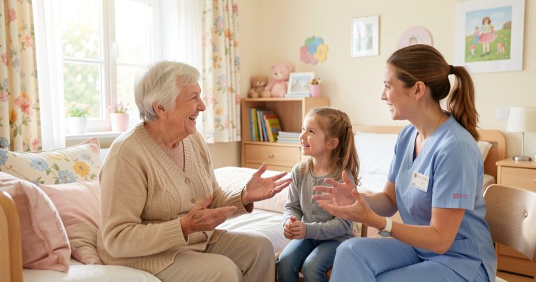 Une séniore échangeant avec sa fille et une professionnelle dans une maison de retraite chaleureuse