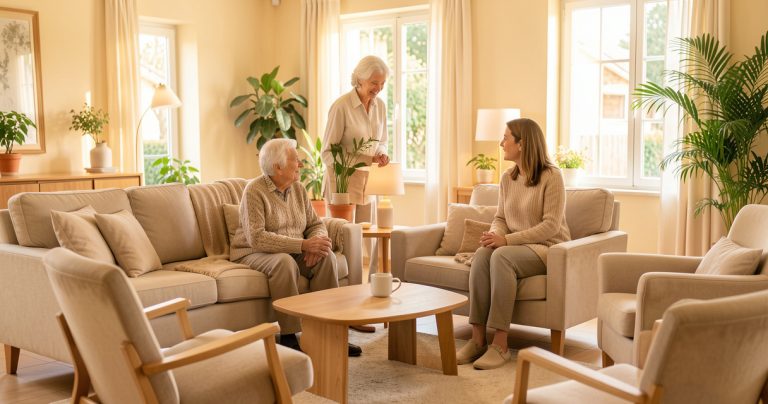 Une personne âgée et sa proche visitent un établissement d’accueil pour seniors.