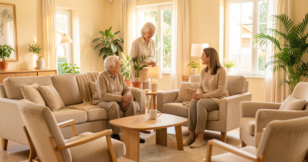 Une personne âgée et sa proche visitent un établissement d’accueil pour seniors.