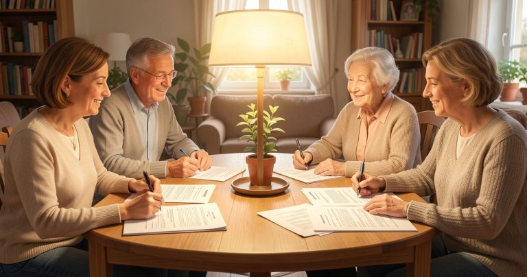 Une famille compare le budget et les documents nécessaires pour choisir un EHPAD.
