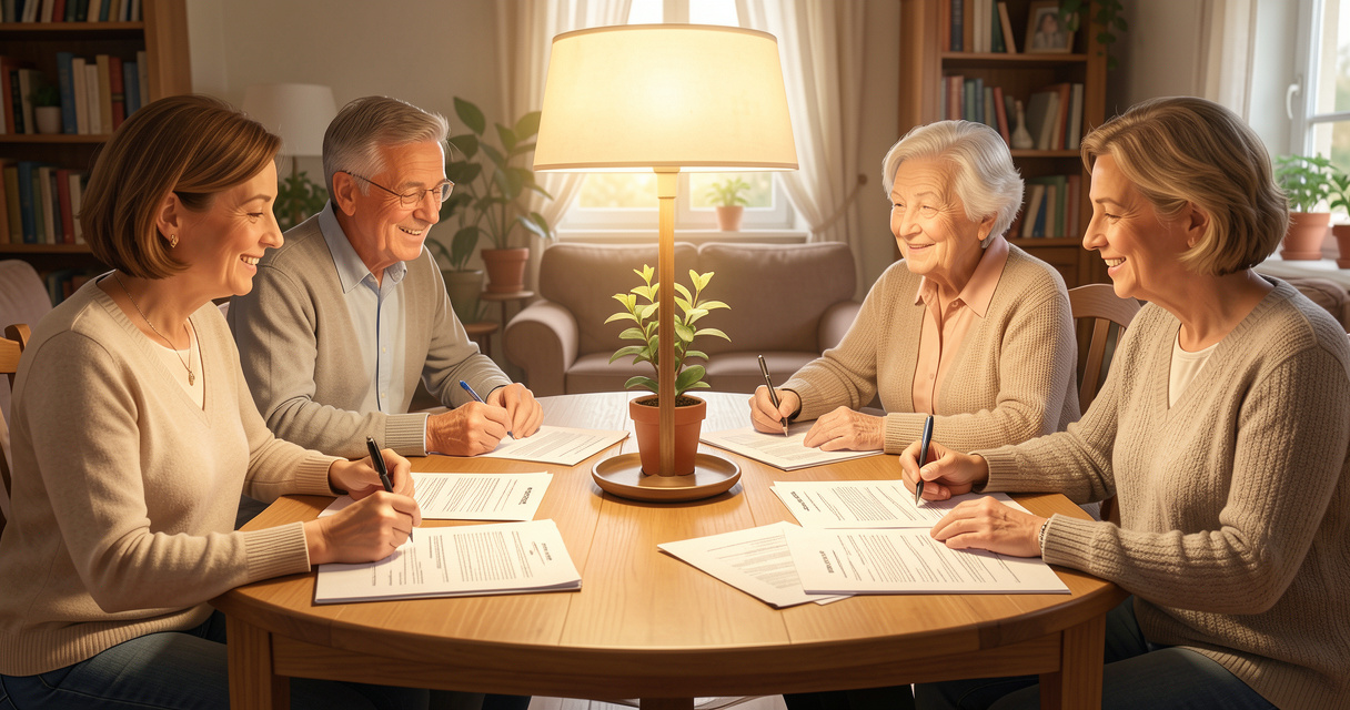 Une famille compare le budget et les documents nécessaires pour choisir un EHPAD.