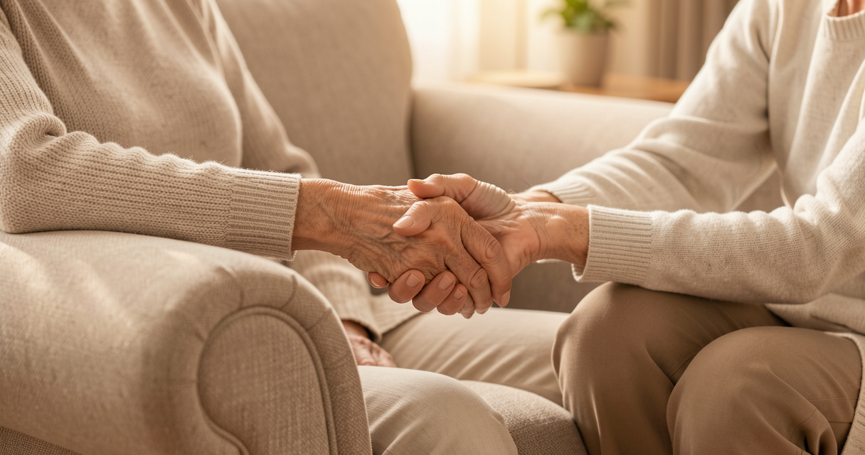 Aidant familial tenant la main de son parent âgé dans un salon