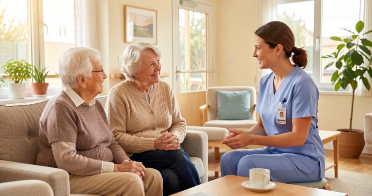 Visite d'un EHPAD et échange entre une famille et l'équipe soignante