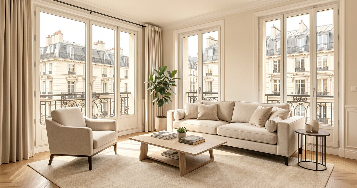 Salon lumineux d'une résidence senior à Paris, vue haussmannienne