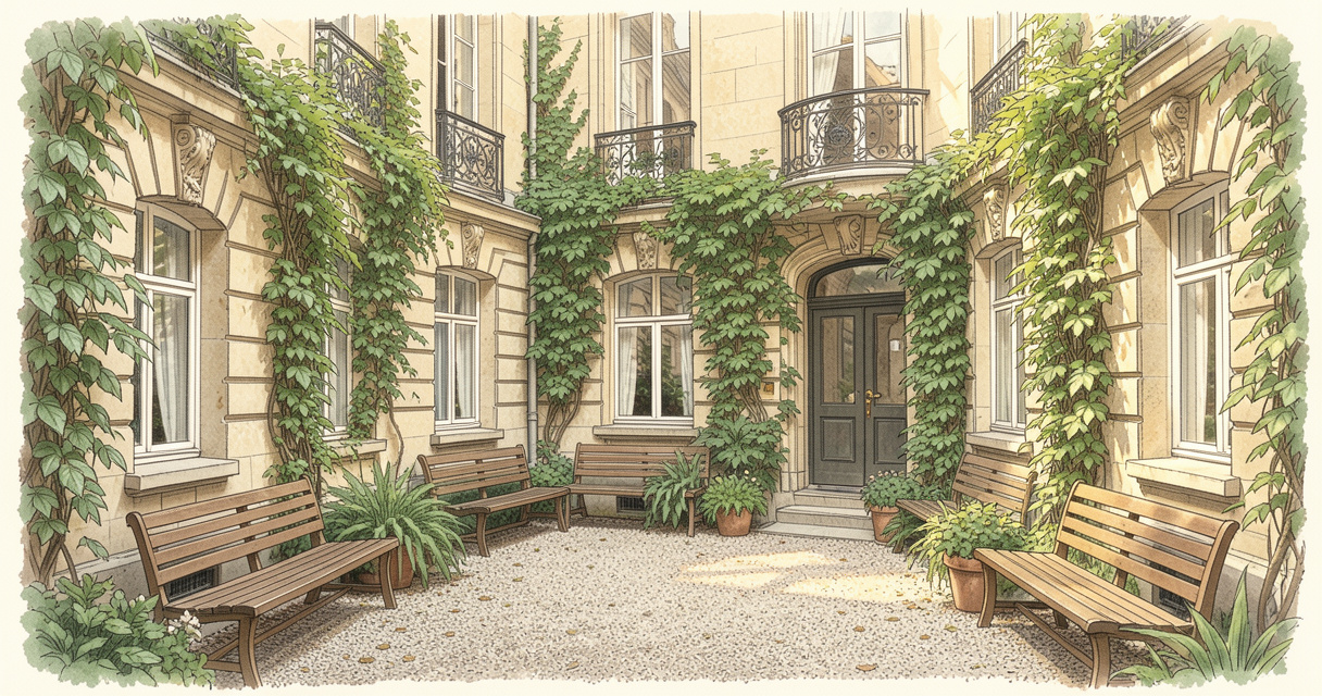 Jardin intérieur paisible d'une résidence senior Paris et sa façade