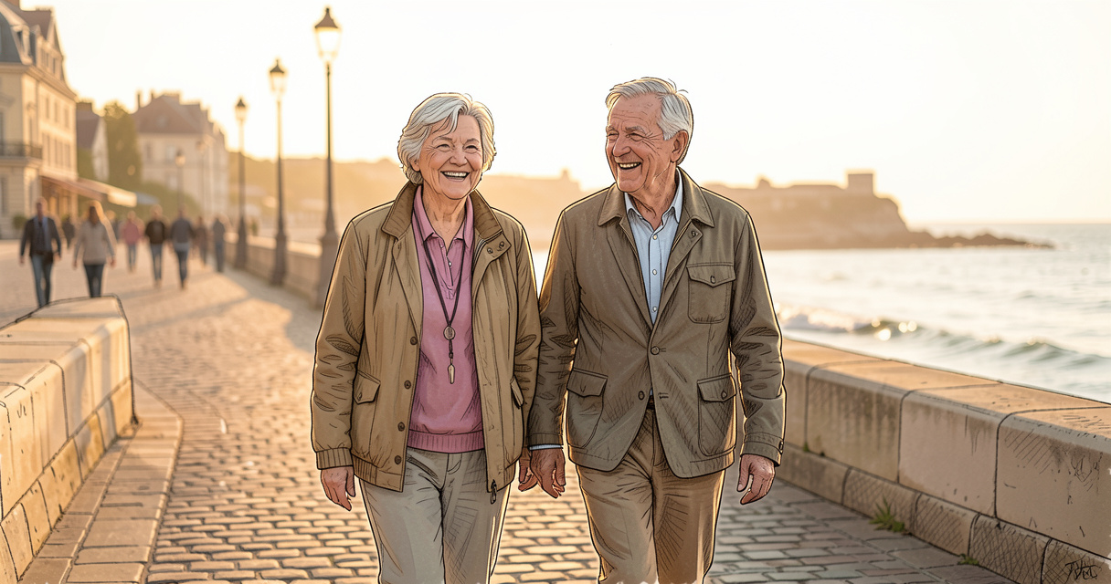 Couple de retraités en séjour Seniors en Vacances au bord de mer